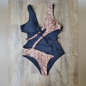 Black and Leopard Print Cut Out One Piece Swim Suit